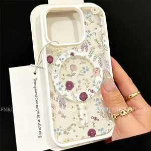 Casing ponsel magnetik untuk iPhone 16 15 14 13 12 11 Pro Max 7 8 Plus X XR XS MAX canggih anti jatuh imut-imut kartun Bunga segar Casing F00016