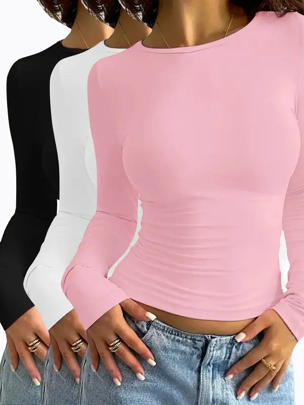 Women's Solid Long Sleeve Round Neck Tee, Casual Minimalist Basic T-shirt for Daily Wear, Ladies Clothes for All Seasons, Cute Tops, Women's T Shirts 1