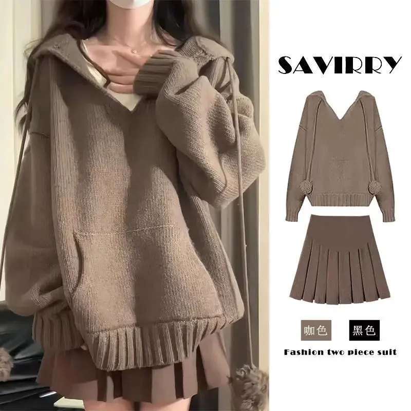 Bộ Đồ Mùa Thu Và Mùa Đông, Ngoại Cỡ, Cô Gái Đầy Đặn, Áo Len Phong Cách Mori, Phong Cách Preppy, Áo Len Có Mũ Trùm Đầu Cổ Chữ V Hàn Quốc, Váy Xếp Ly, Bộ Hai Mảnh 8