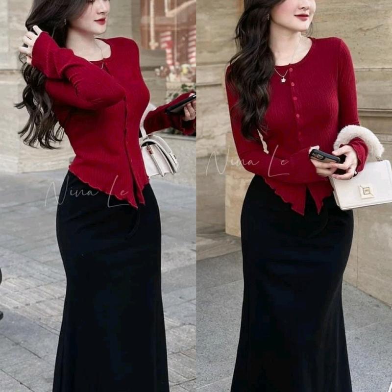Set Áo Vạt Nhọn Tay Dài Cổ Tròn Phối Nút Và Chân Váy Xòe Bèo Đuôi Cá - Dài Maxi Ôm Body set đồ đi đà lạt set đồ Nữ Women quanaodep