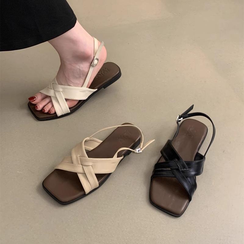 3TDEP - dép sandal nữ đế thấp xinh đẹp bản quai chéo, dép quai hậu đế bệt lót da sang chảnh kiểu hàn quốc