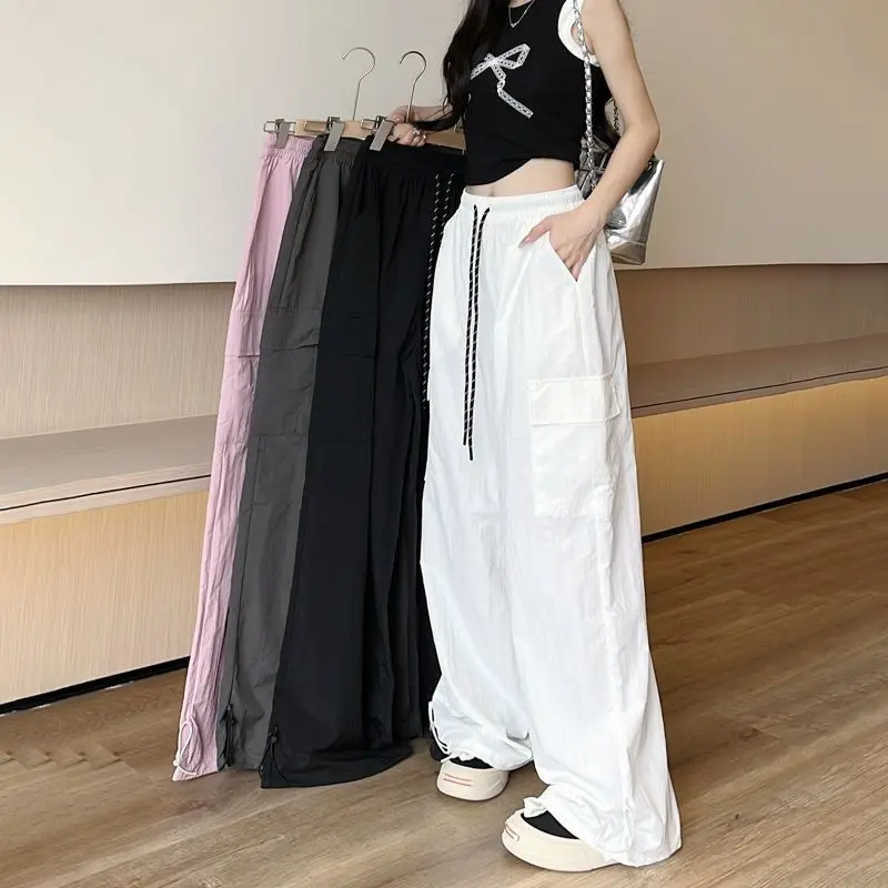 Quick-Dry Cargo Pants for Women, Summer Thin High-Waisted Casual American Hip-Hop Dance Sports Straight Wide-Leg Loose Pants