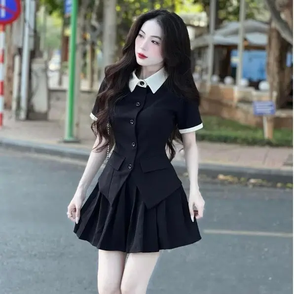 Sét Áo Cổ Đức mix Chân Váy Xếp ly Sang Trọng Nữ Women Top Voi Jacket năng động đóng nút ngọc set vet botieuthu
