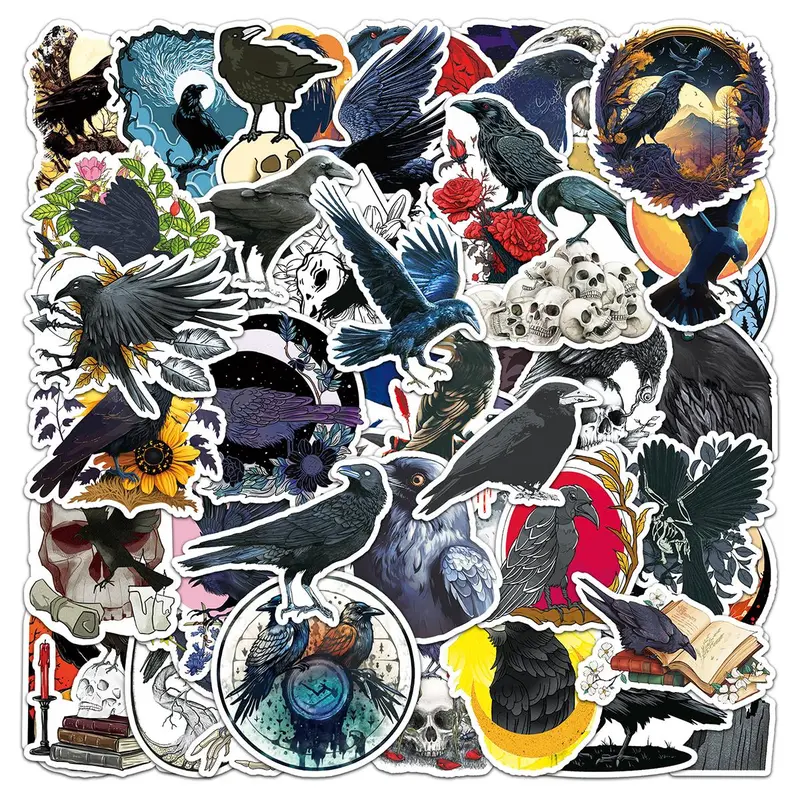 Crow Pattern Car Sticker, 50pcs/set Waterproof Self Adhesive Decor Paper, Decor Sticker for Gift Greeting Card Water Bottle Laptop Phone Case 2