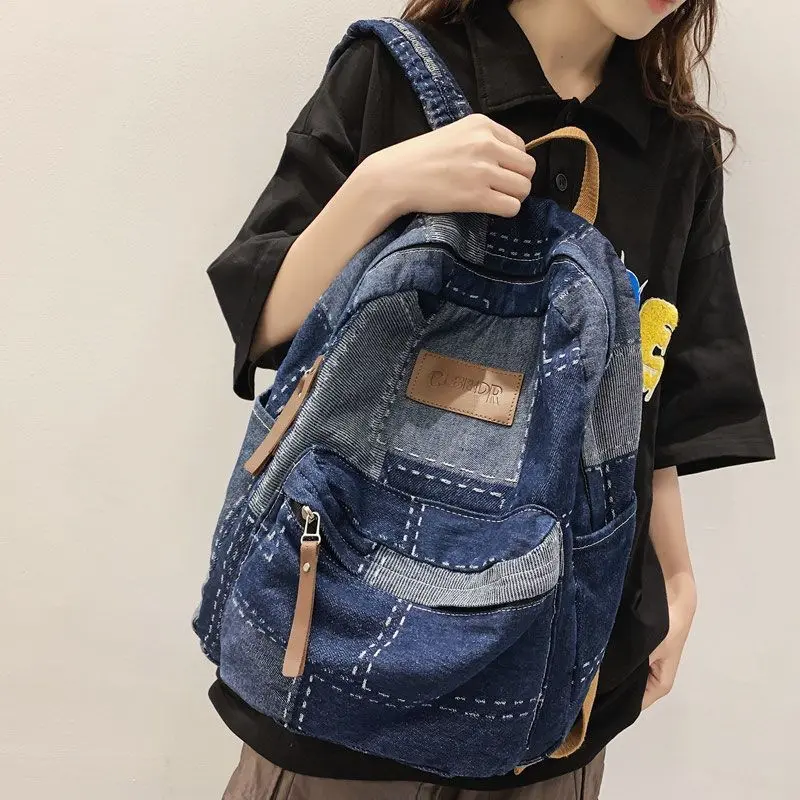 Ba Lô Denim, Phong Cách Thu Nhập Nhật Bản, Màu Tương Phản, Dung Tích Lớn, Thích Hợp Cho Học Sinh, Phong Cách Hàn Quốc, Dễ Phối Đồ, Cô Gái Mori Dễ Thương, Hàng Mới Về
