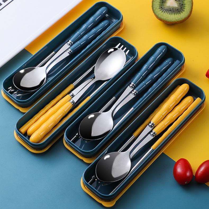 Product Introduction of 3pcs/set Stainless Steel Cutlery Set Spoon Fork Chopsticks Set With Box Case Travel Cutleries green corrosion resistant tableware sets Portable asymmetrical spoon 17