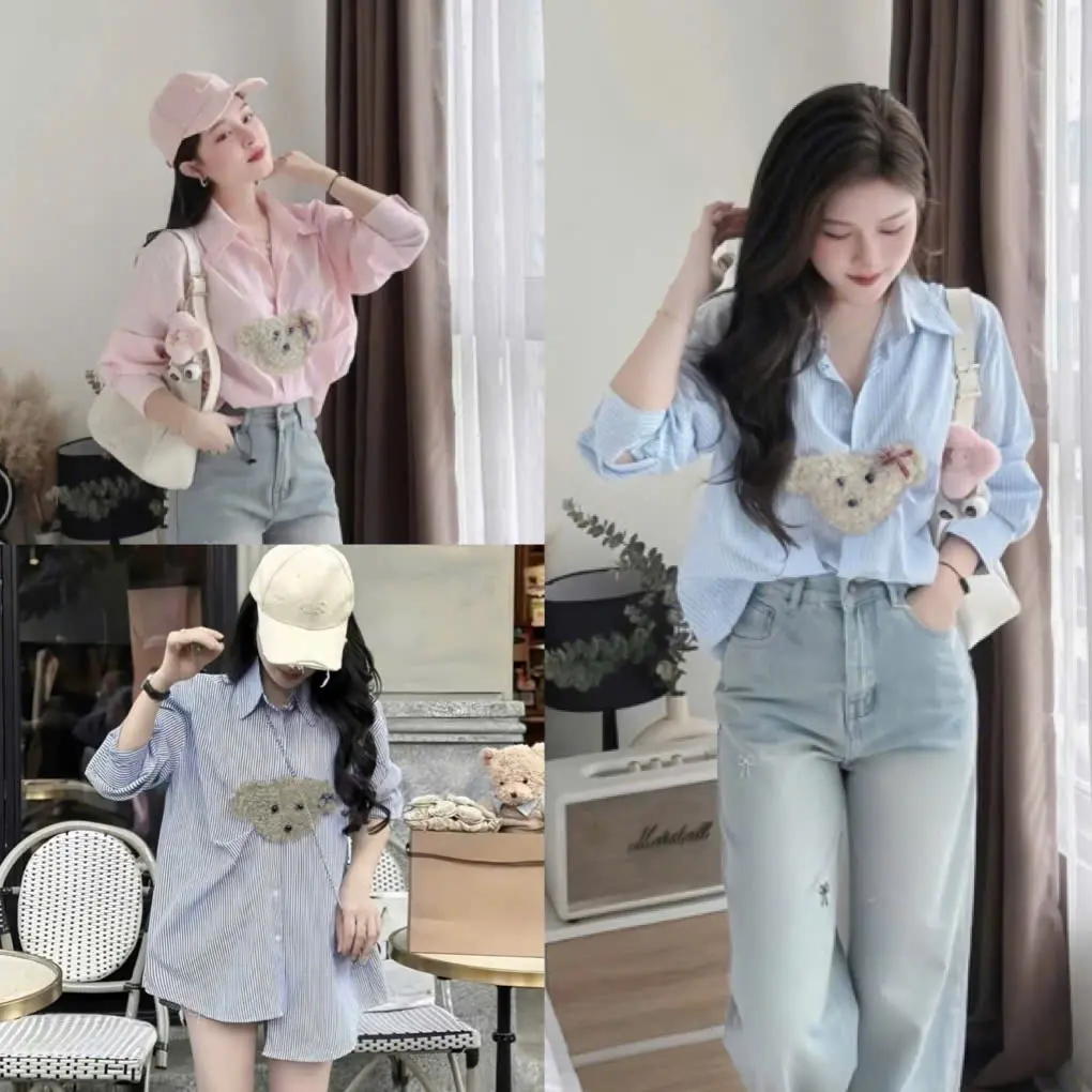 Áo Sơ Mi Kẻ Sọc Thêu Gấu Xanh Hồng Form Rộng, Sơ Mi Tay Bồng Hàn Quốc, CACA SHOP