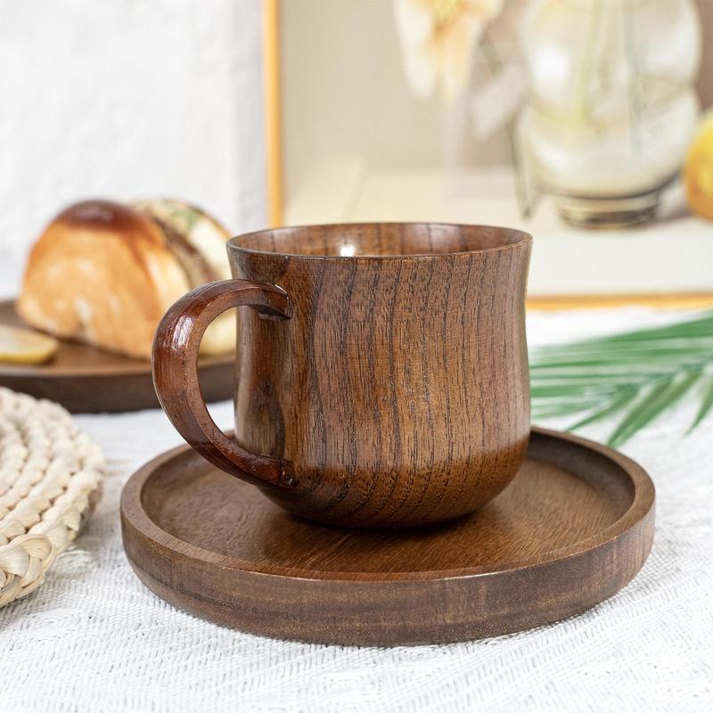Wooden Handle Coffee Cup & Coasters Set, 2/4 Counts/set Vintage Tea Cup, Multi-purpose Drinking Cup for Home Office Use 4