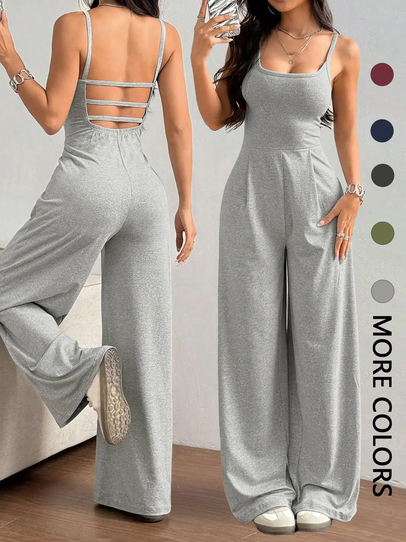 Women's Solid Backless Plicated Cami Jumpsuit, Casual Sleeveless Square Neck Wide Leg Jumpsuit for Summer, Overalls, Women's Jumpsuit for Daily Wear