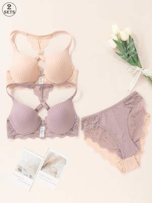 Women's Solid Color Lace Bra & Panty Two-Piece Set, Adjustable Strap Push Up Bra & High Waist Panty, Lingerie Set for Women 8