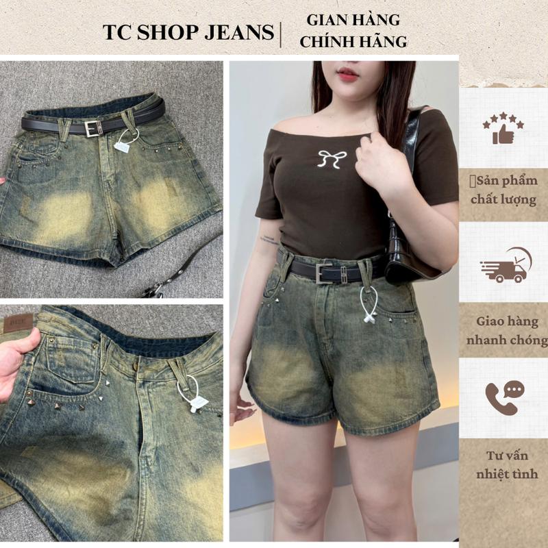 TCSHOPJEAN Quần Short QC Nữ Bigsize Trơn Mài Rách Gắn Đinh Viền Túi Lưng Kiểu Màu Dơ Mã 10024
