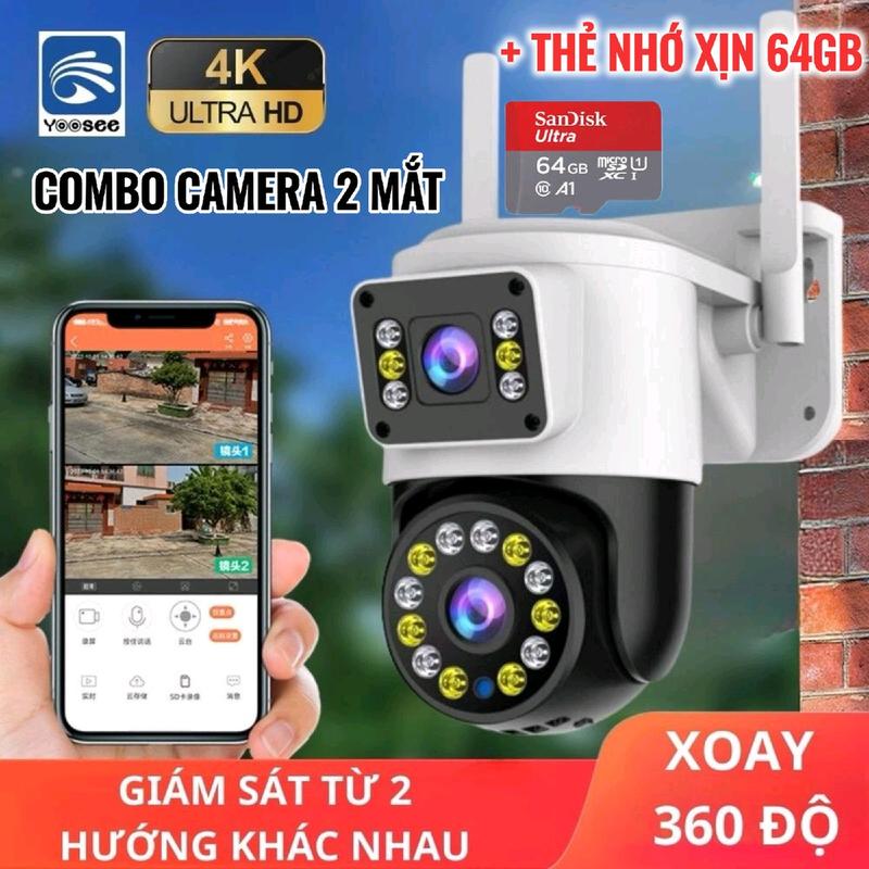 [COMBO CAMERA + THẺ 64GB] Camera WIFI YOOSEE Ngoài Trời 2 Mắt Xem 2 Màn Hình, Camera Xoay 360 Độ, Đàm Thoại 2 chiều Có Màu và Đèn Ban Đêm