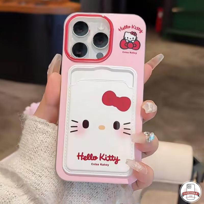 Ốp lưng Hello Kitty nơ dễ thương sáng tạo ngọt ngào Tương thích cho IPhone XR 7Plus 15 16 13 11 14 12 Pro Max X XS Max 16 7 8 6s 6 15 Plus SE 2020 Khe cắm thẻ đôi Vỏ dây buộc 1