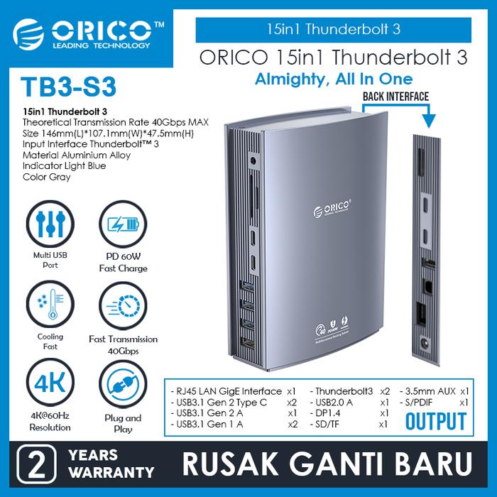Gambar ORICO 15in1 Thunderbolt 3 40Gbps DP RJ45 PD SD TF Type C USB - TB3 -S3 dari ORICO INDONESIA Official Shop Kota Administrasi Jakarta Utara Tokopedia