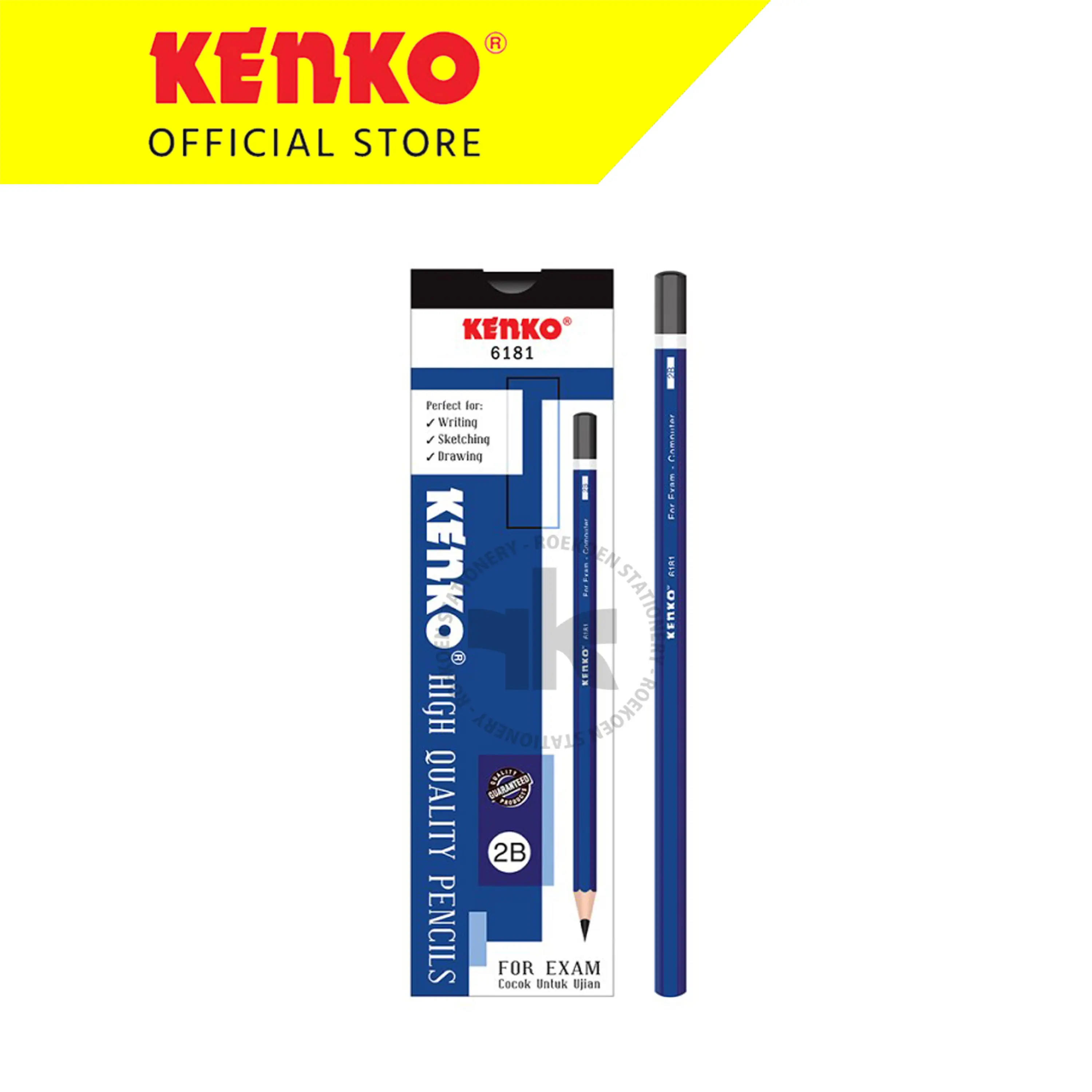 Kenko Hexagonal Pensil 2B Polos 6181 Biru Ujung Hitam
