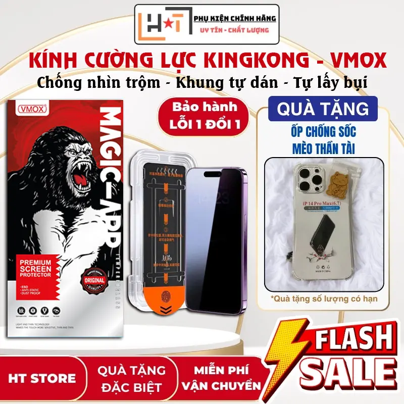 [Đã có 16 series] Kính cường lực iphone KINGKONG VMOX chống nhìn trộm, Khung tự dán tự lấy bụi phủ nano hạn chế vân tay full màn lp x xs xr 11 12 13 14 15 16 pro max plus, Kính cường lực KINGKONG full màn Tặng Kèm Ốp Chống Sốc + Mèo Thần Tài