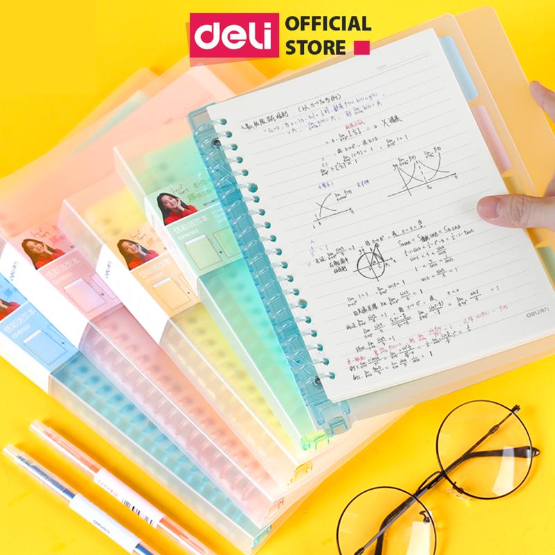 Sổ tay ghi chép kẻ ngang 120 trang A5/B5 gáy còng có thể thay lõi tiện lợi Deli - Xanh dương/Hồng/Vàng/Xanh Lá - Phù hợp làm sổ kế hoạch planner nhật kí -  QHB560