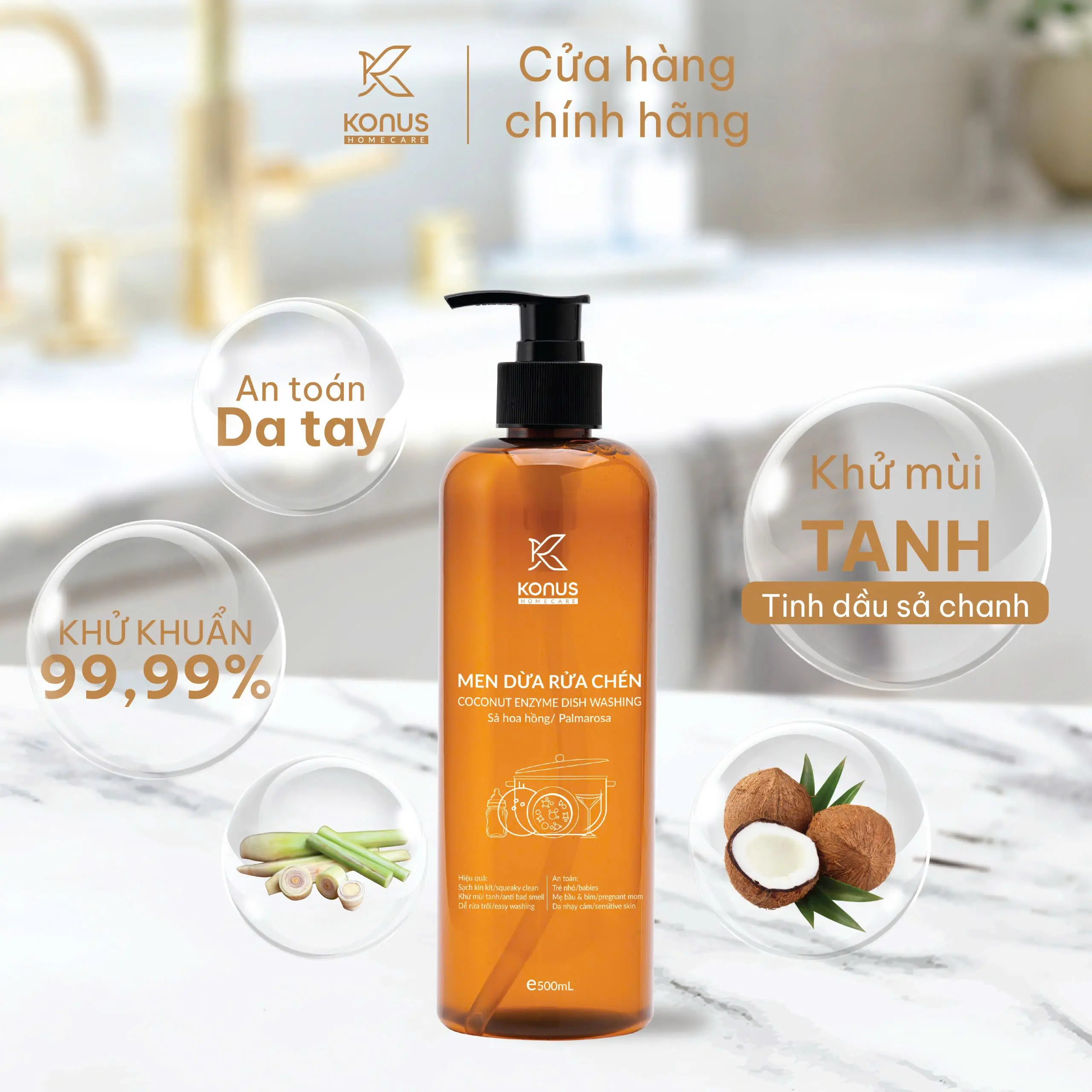 Men Dừa Rửa Chén Bát Thiên Nhiên Konus Homecare Tinh Dầu Sả Chanh Làm Sạch Dầu Mỡ Khử Mùi 500ml