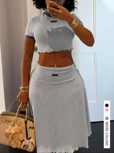 Women's Colorblock Tee & Skirt Two-piece Set, Elegant Fashion Casual Crew Neck Top & Skirt for Daily Outdoor Wear, Ladies for Summer