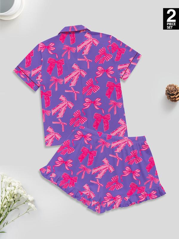 Women's Bow Print Lapel Shirt & Shorts Pyjama Set, Casual Comfy Short Sleeve Pocket Top & Shorts Set, Ladies Sleepwear for All Seasons 1