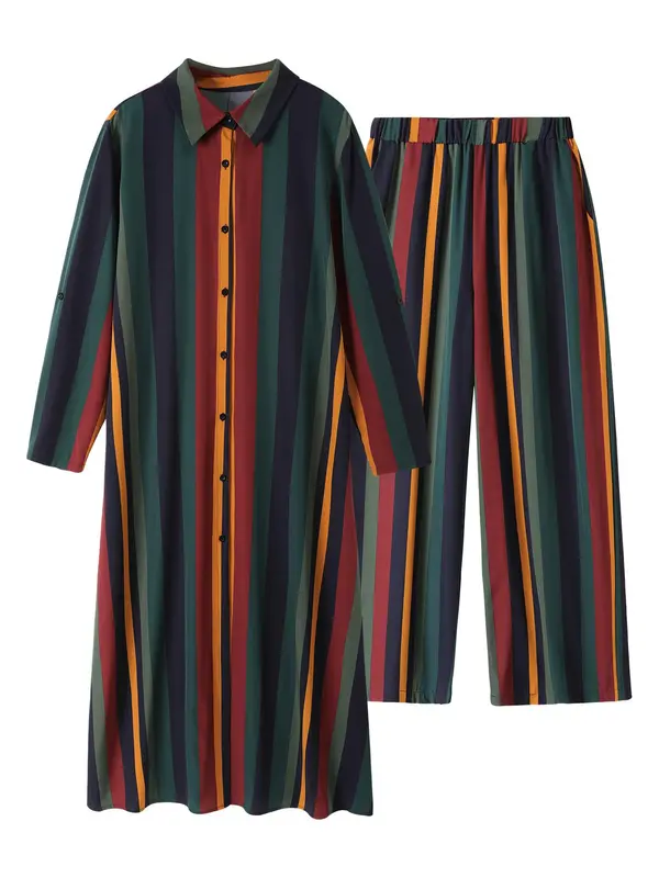 【Plus Size】 Striped Print Button Top & Pants Set, Casual Long Sleeve Collared Top & Trousers, Women's Two-piece Outfits for All Seasons 0