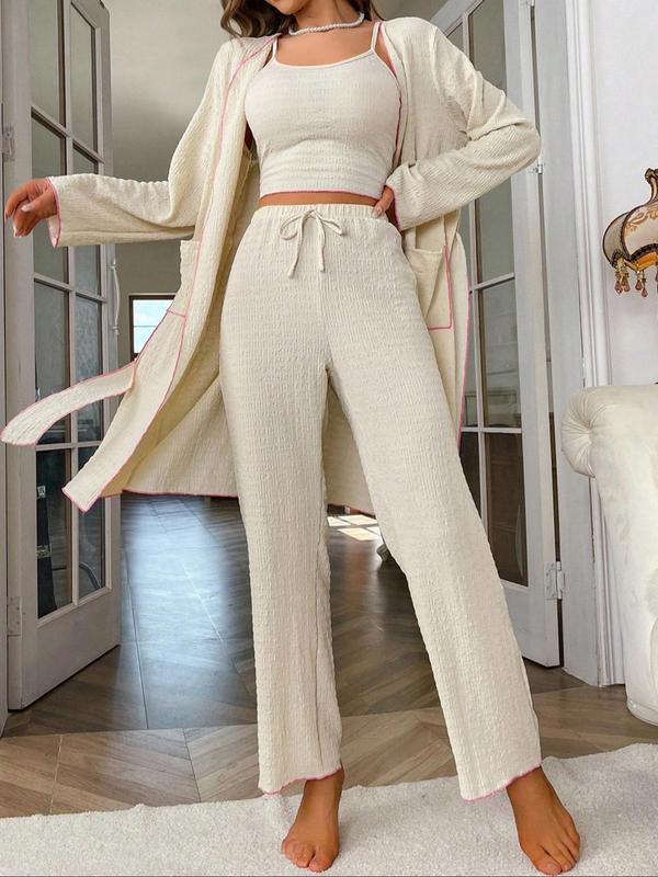 Women's Contrast Binding Belted Lounge Robe & Cami Top & Drawstring Pants Loungewear Set, Casual Comfy Long Sleeve Dressing Gown & Camisole & Trousers Pj Set, Ladies Sleepwear for Spring & Fall 0