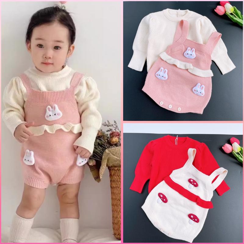 THK Sét Yếm Len Kèm Áo Len Tay Bồng 2 Màu Đỏ Hồng Cho Bé Gái 6-14 kg Chất len QC mềm mịn