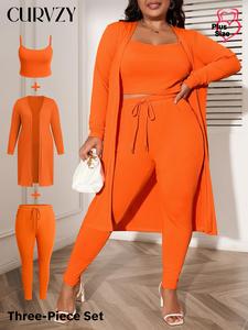 CURVZY Plus Size Autumn Aesthetic Solid Open Front Outwear & Cami Top & Drawstring Waist Skinny Pants Three-piece Set, Casual Long Sleeve Outerwear & Top & Pocket Trousers for Daily Wear, Women's Three-piece Outfits for Spring & Fall