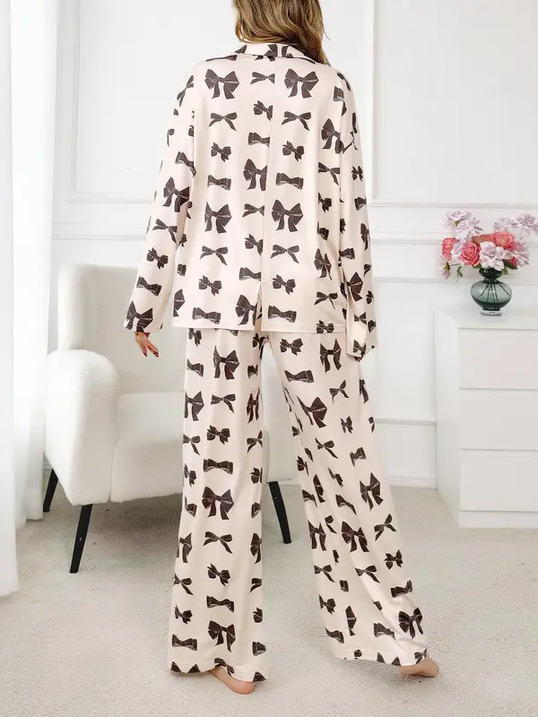 Women's All Over Print Lapel Neck Pajama Two-piece Set, Long Sleeve Button Top & Pants PJ Set, Casual Comfy Pyjama Set for Women, Loungewear 5