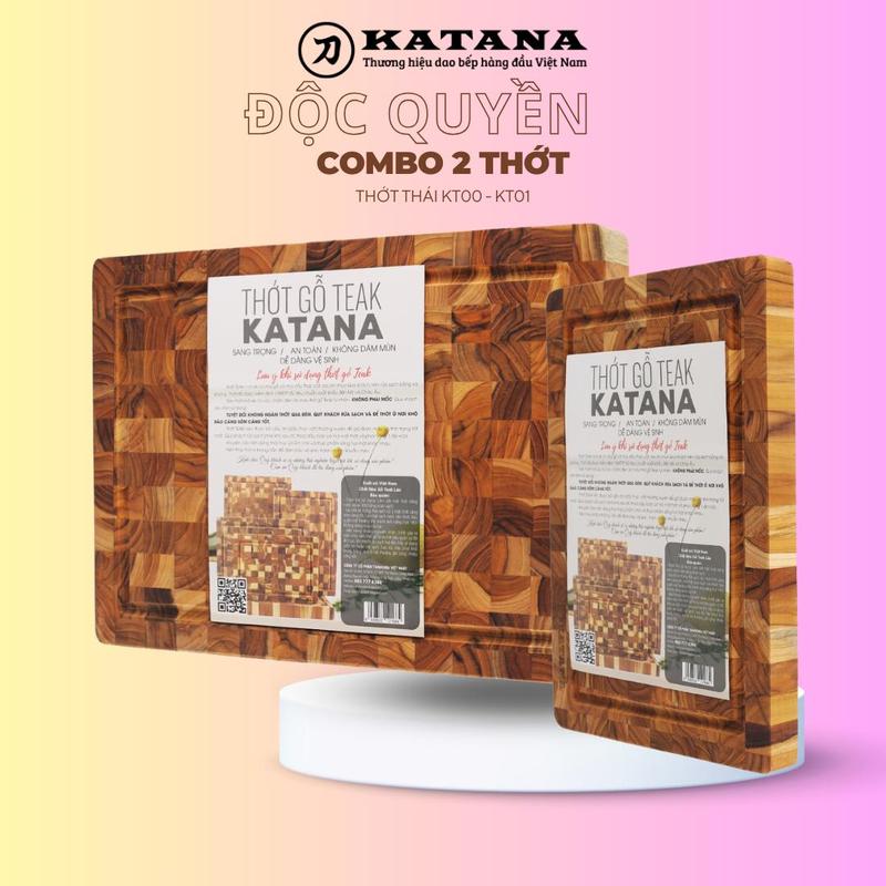 Bộ 2 thớt thái gỗ Teak Cao Cấp Thương Hiệu KATANA  - Hình Chữ nhật KT00 và KT01 dày 2.5mm