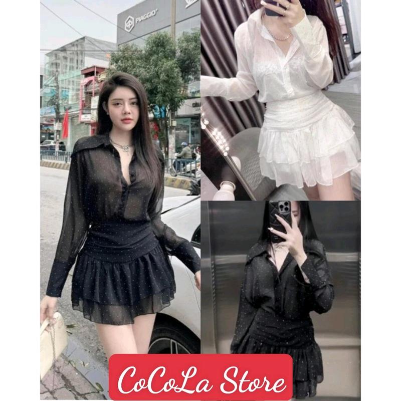 Sét Đầm Bling Bling Đính Đá Mix Chân Váy Xòe Tầng Màu Đen Trắng Nữ Nhung Sen Lịch Áo Lịch Áo Voi