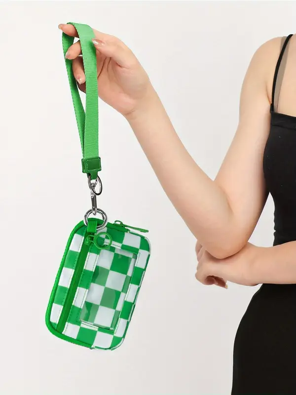Fashionable Checked Pattern Clear Window Design Wristlet, Casual Versatile Zipper Coin Purse for Women, Trendy All-match Bag for Daily Use 6