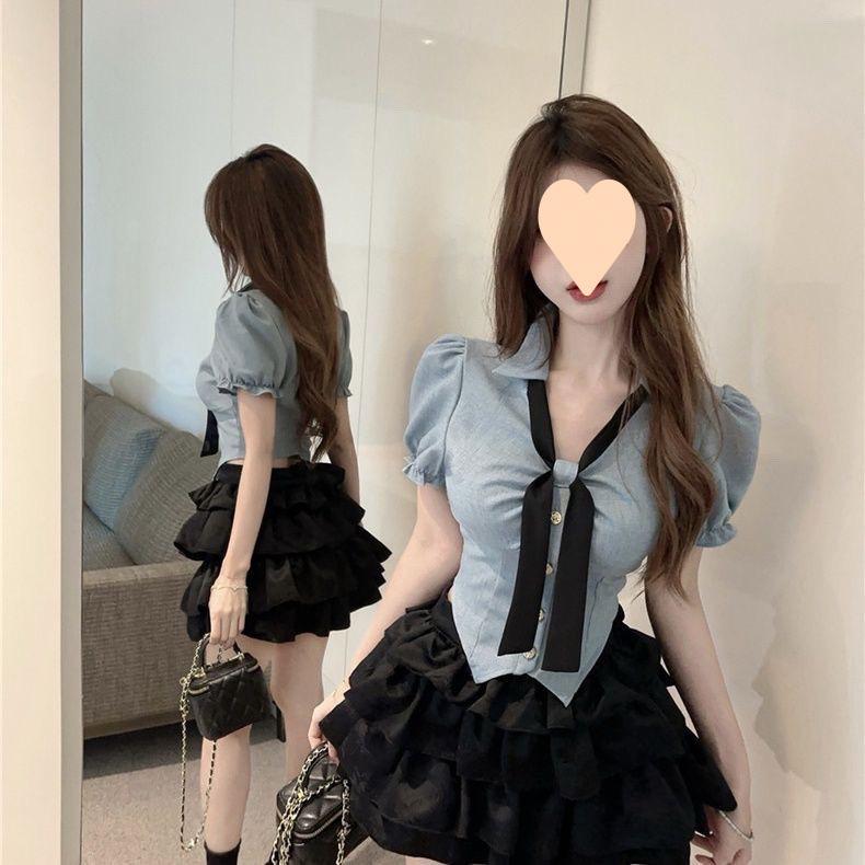Product Introduction of Pure Desire Hot Girl Uniform Two-Piece Set Shirt Short Top Cake Puff Skirt High Waist Slimming Short Skirt Set 4
