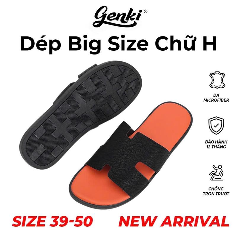 Dép Nam Big Size Chữ H GENKI Màu Đen Cam Quai Da Cao Cấp Đế Bằng Cao Su Chống Trơn Trượt dep DéP