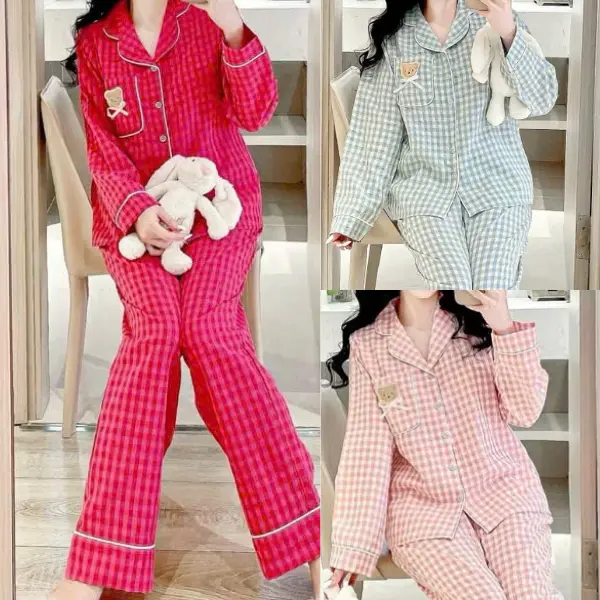 Bộ đồ ngủ nữ dài tay mùa đông kẻ caro chất đũi có túi Women - Áo bo duigan