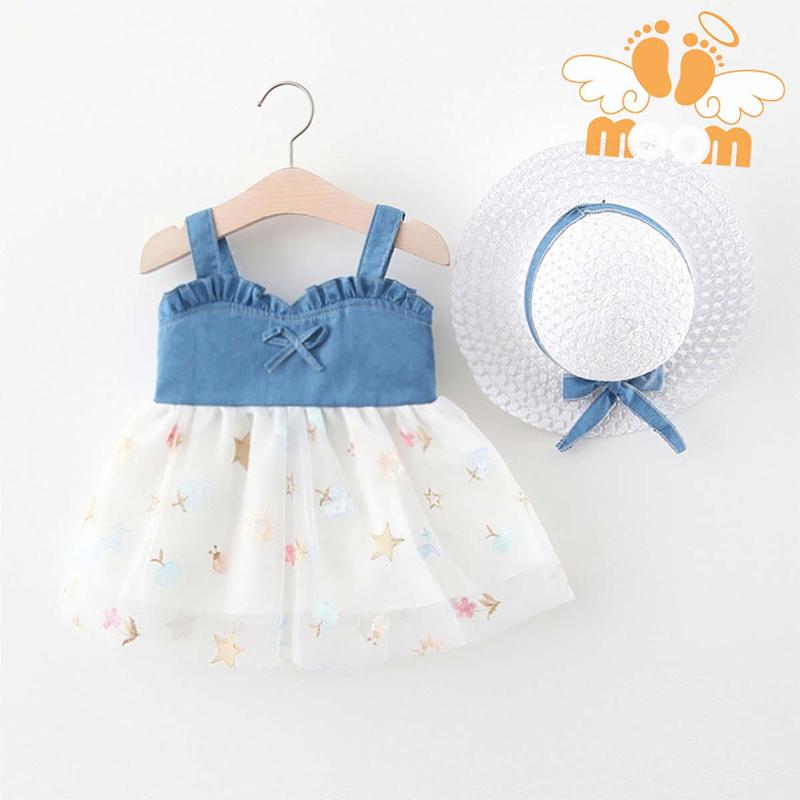 Đầm bé gái áo 2 dây denim váy voan thêu hoa có lót kèm nón 0