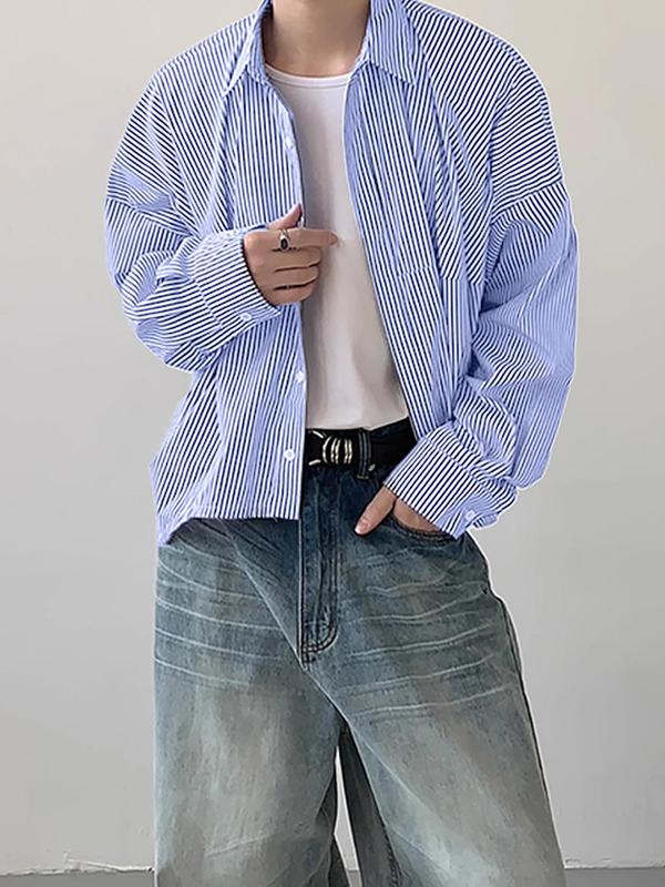 Men's Striped Print Button Front Shirt, Loose Casual Drop Shoulder Long Sleeve Collared Top for Daily Wear, Men's Clothes for All Seasons, Menswear 4