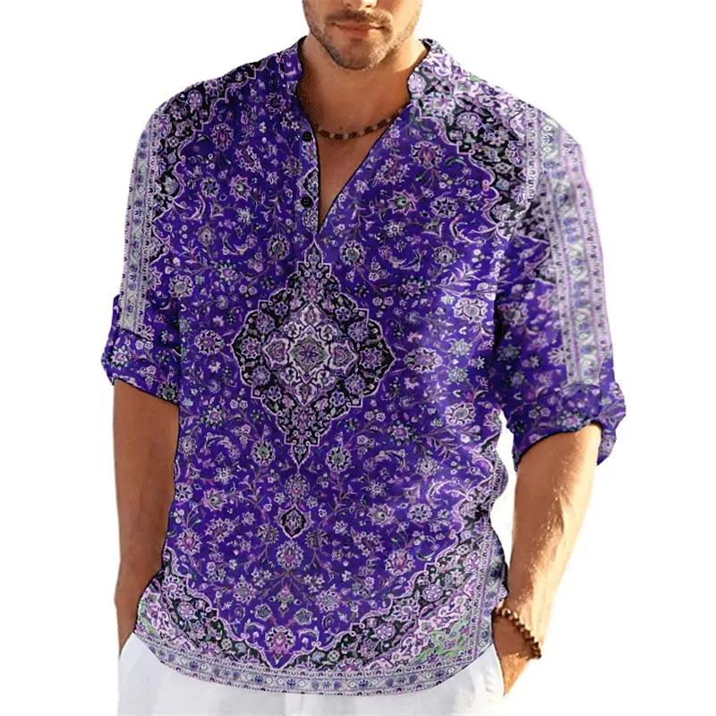 Áo Sơ Mi Henley Sang Trọng, In 3D Hoa Mùa Thu, Thời Trang Nam, Phong Cách Hoa Cổ Điển Cổ Chân Đế Áo Sơ Mi Dài Tay, Áo Cánh, Quần Áo Nam 3