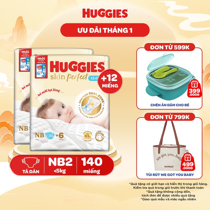 Combo 2 Tã/bỉm dán sơ sinh Huggies Skin Perfect với 2 vùng thấm giảm kích ứng da Size NB70+6/S54+6/S80+2/M76+3