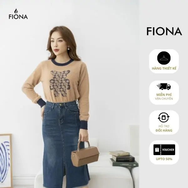 FIONA Áo len lông nữ cổ tròn phối màu dệt họa tiết hình gấu thân trước F852757 Women Top Sò