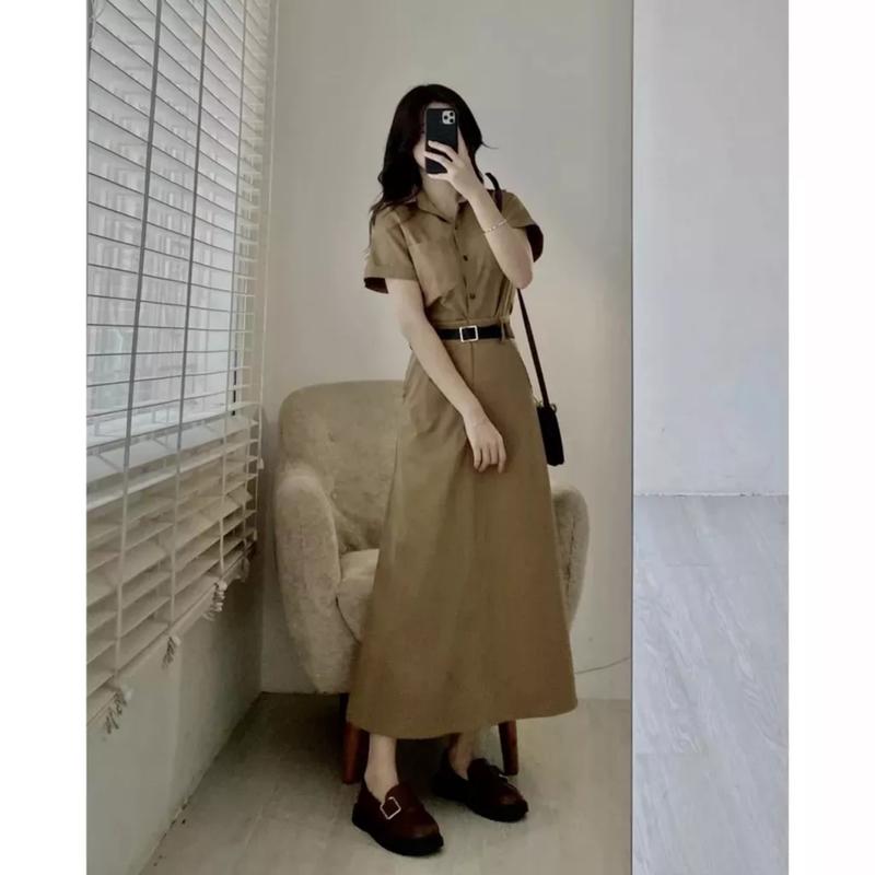 Set áo sơ mi cộc tay kaki mềm chân váy dáng dài kèm đai set 3 chi tiết áo sơ mi chân váy dáng dài kèm đai phong cách ulzzang 6