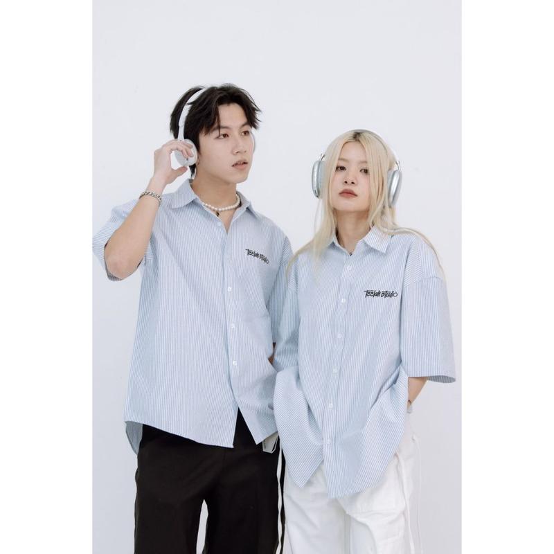 Áo Sơ Mi Ngắn Tay Teelab Kẻ Sọc Graffiti Oversize Shirt Unisex Nam Nữ Mặc Đều Đẹp Giá Xưởng Menswear Cổ Tròn Menswear Cổ Tròn Menswear Cổ Tròn Xanh