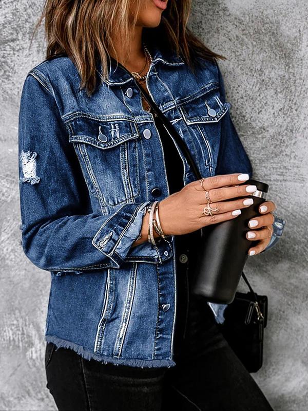 Women's Plain Ripped Button Front Denim Jacket, Casual Long Sleeve Collared Raw Hem Jacket for Daily Wear, Ladies Clothes for All Seasons 6