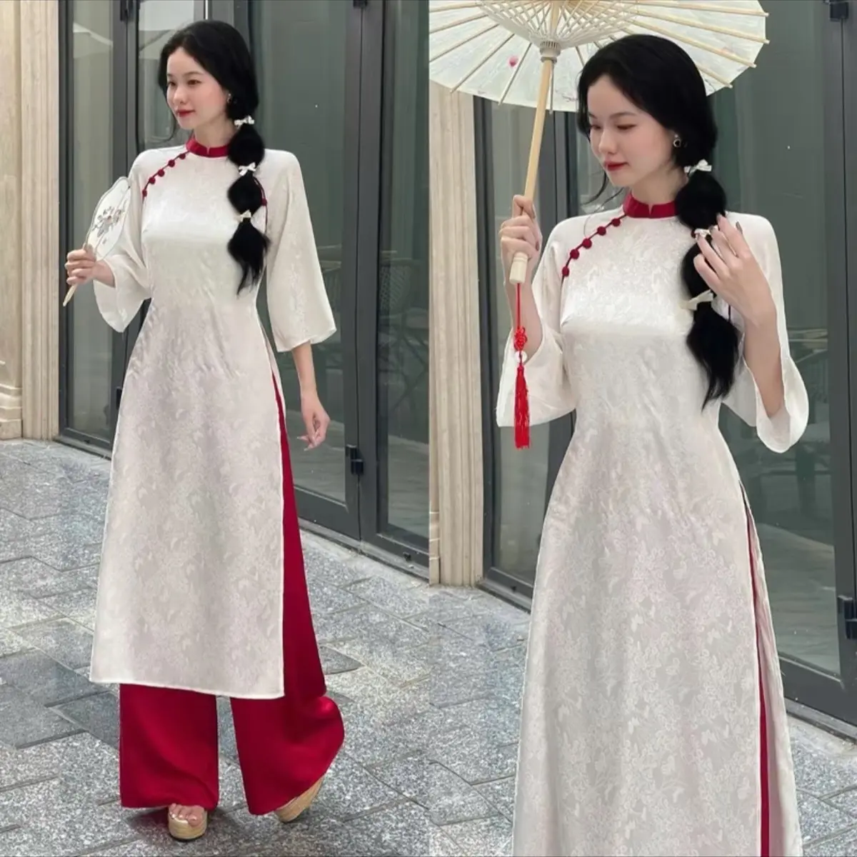 Áo dài Tết. Áo dài cách tân gấm hoa,thiết kế dáng suông cổ cao tay loe,đính cúc bọc,phong cách trẻ trung,hiện đại. Áo dài Hoài Thu