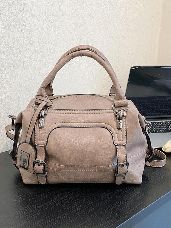 Women's Solid Color Oil Wax Boston Bag, Fashionable PU Leather Crossbody Bag for Daily Used, Casual Trendy Versatile High-quality Daily Commuting Bag 1