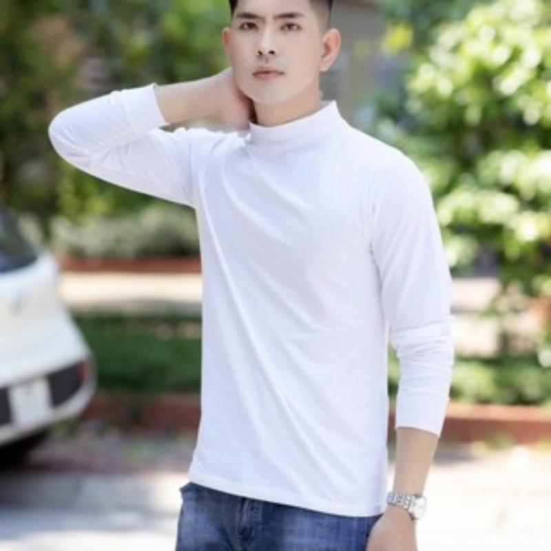  Áo Giữ Nhiệt Màu Trắng,Áo Thun Nam Cotton Lót Nỉ Dài Tay Cổ Cao 3Cm Giữ Ấm Cơ Thể Menswear Quần Lót Cổ Tròn 