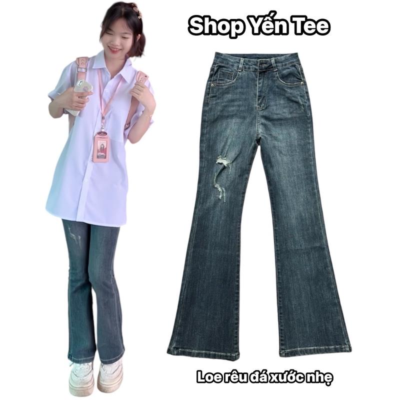 (Chất Đẹp ) Quần jeans ống loe rêu đá xước dùi Yến Tee ,chất jeans cotton mềm,co dãn tốt Nữ Women Pants Denim Có Túi