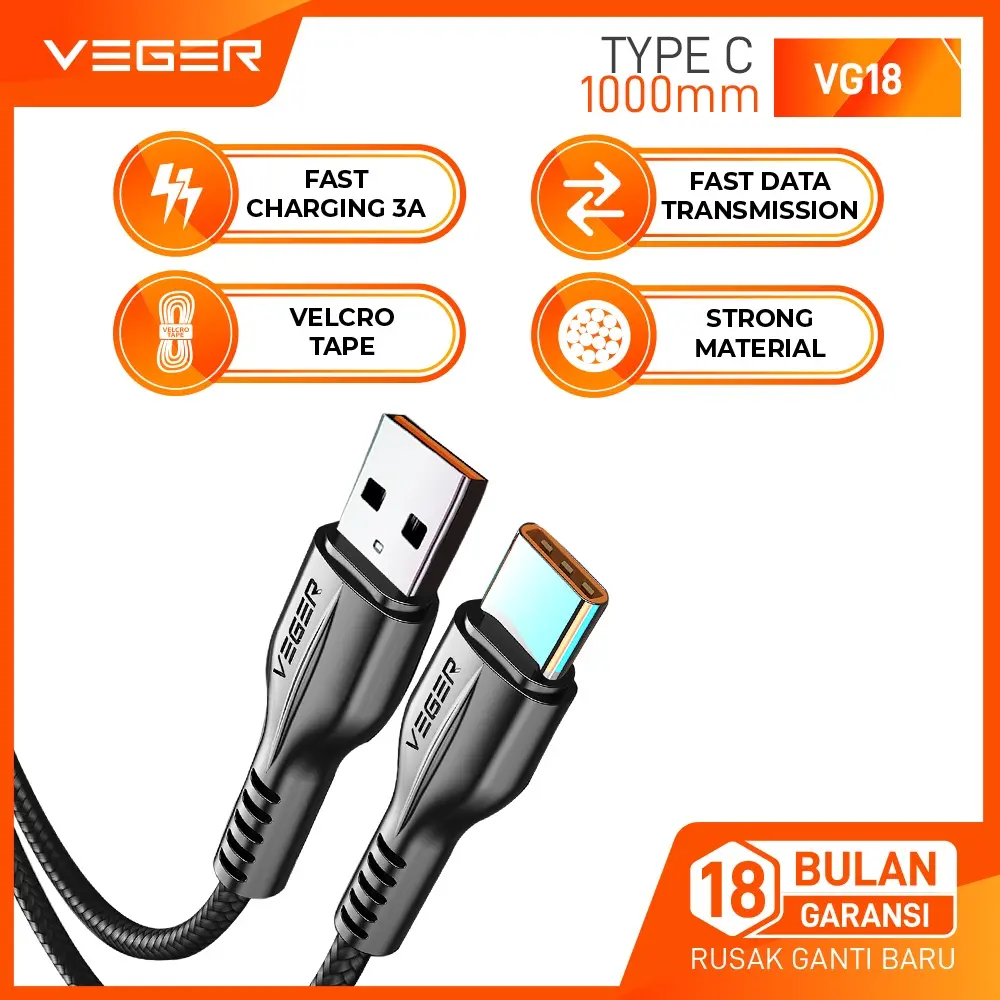 VEGER Kabel Data Cable VG18 VG-18 USB Type C Type-C 3.0 Fast Charging Quick Charge 3.0A 1 Meter