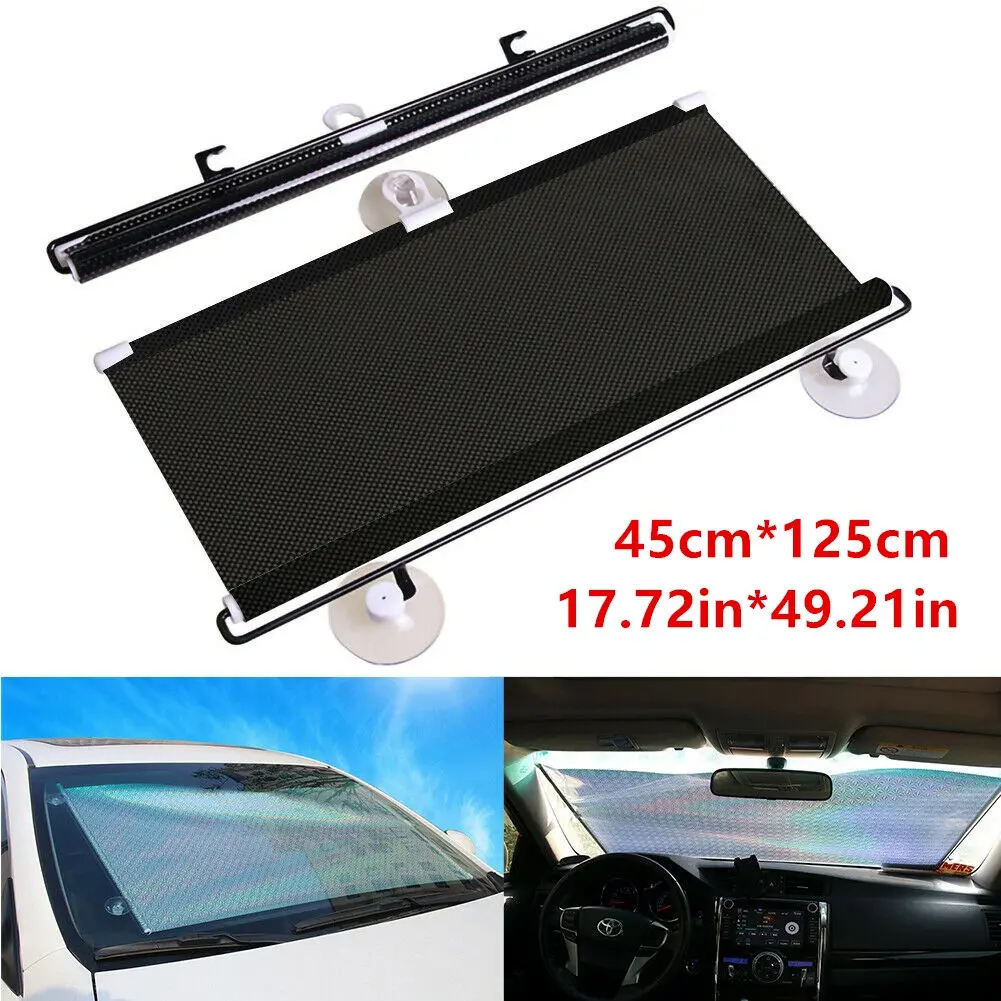 Auto Retractable Car Windshield Sun Shade Curtain Anti-UV Block Sun Visor Black