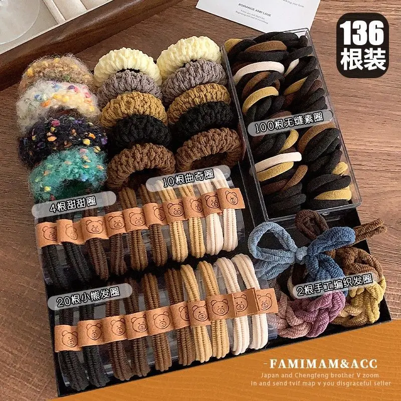 Hair Ties 136 Pieces Set 2024 New Rubber Bands Hair Bands High Ponytail High Elasticity Durable Hair Rings Rubber Bands